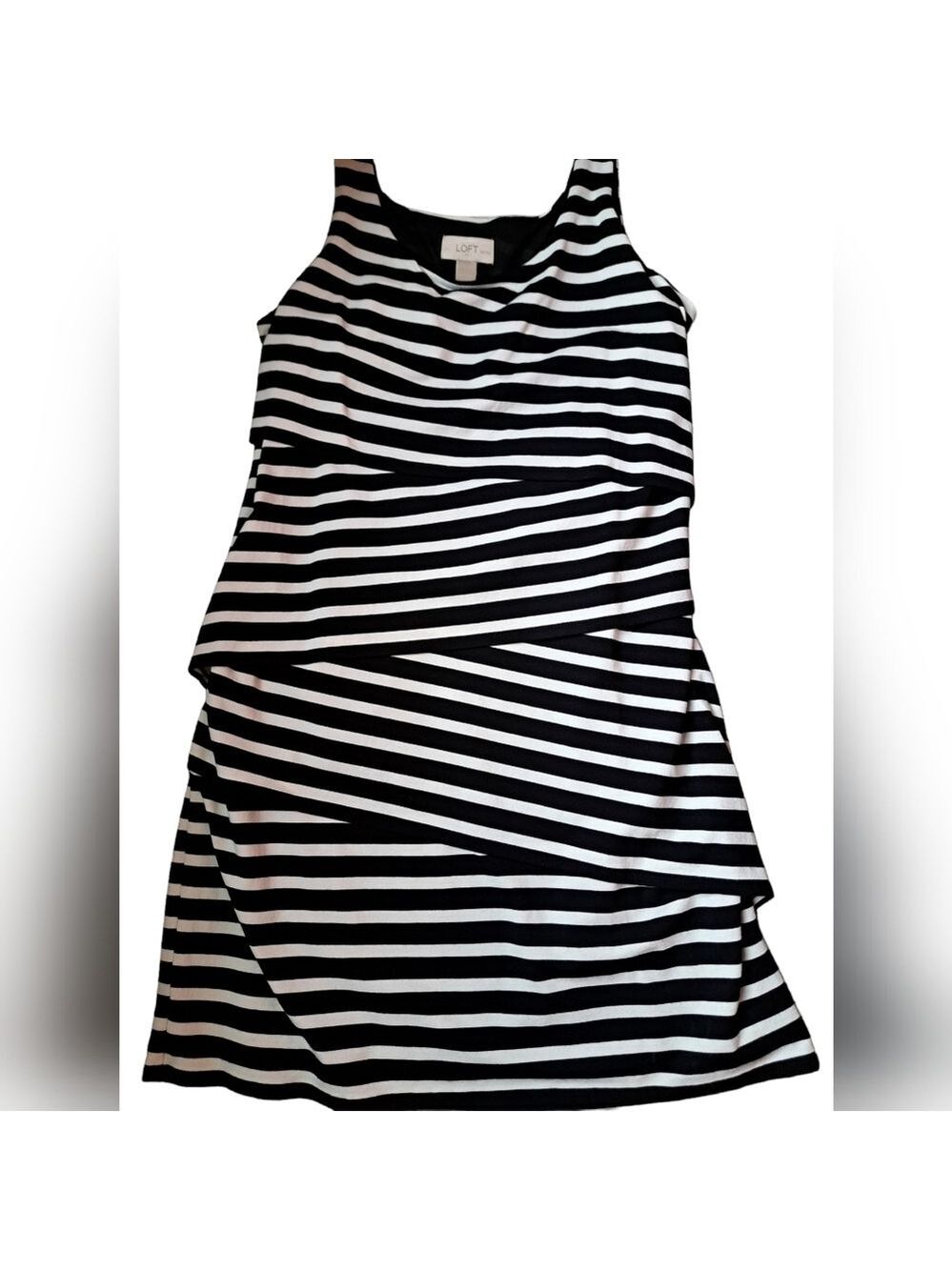 LOFT BLACK WHITE tiered vertical stripe summer dress rayon blend lined petite LG